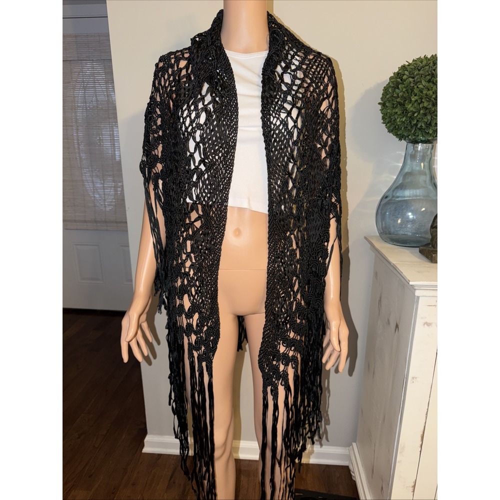 Black Macrame Crochet Basket weave Fringe Viscose Shawl Wrap Whimsigoth